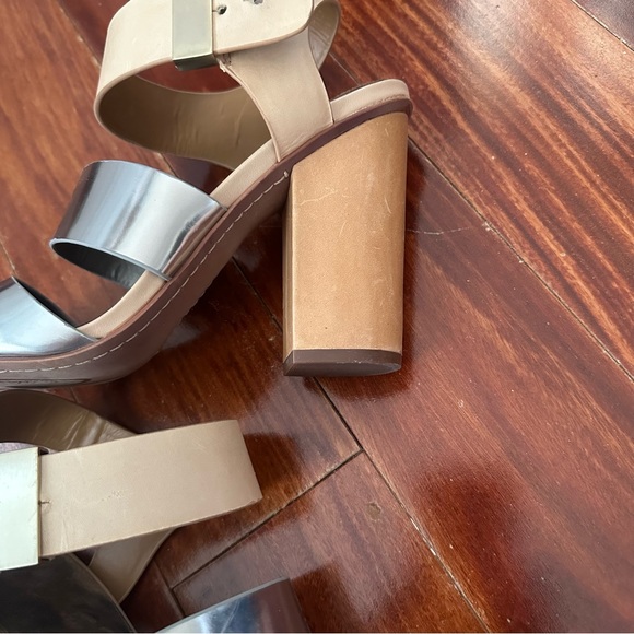 Sam Edelman Yelena Metallic Chunky Multi Strap Silver Nude Leather Heels Sz 10 - Picture 13 of 14